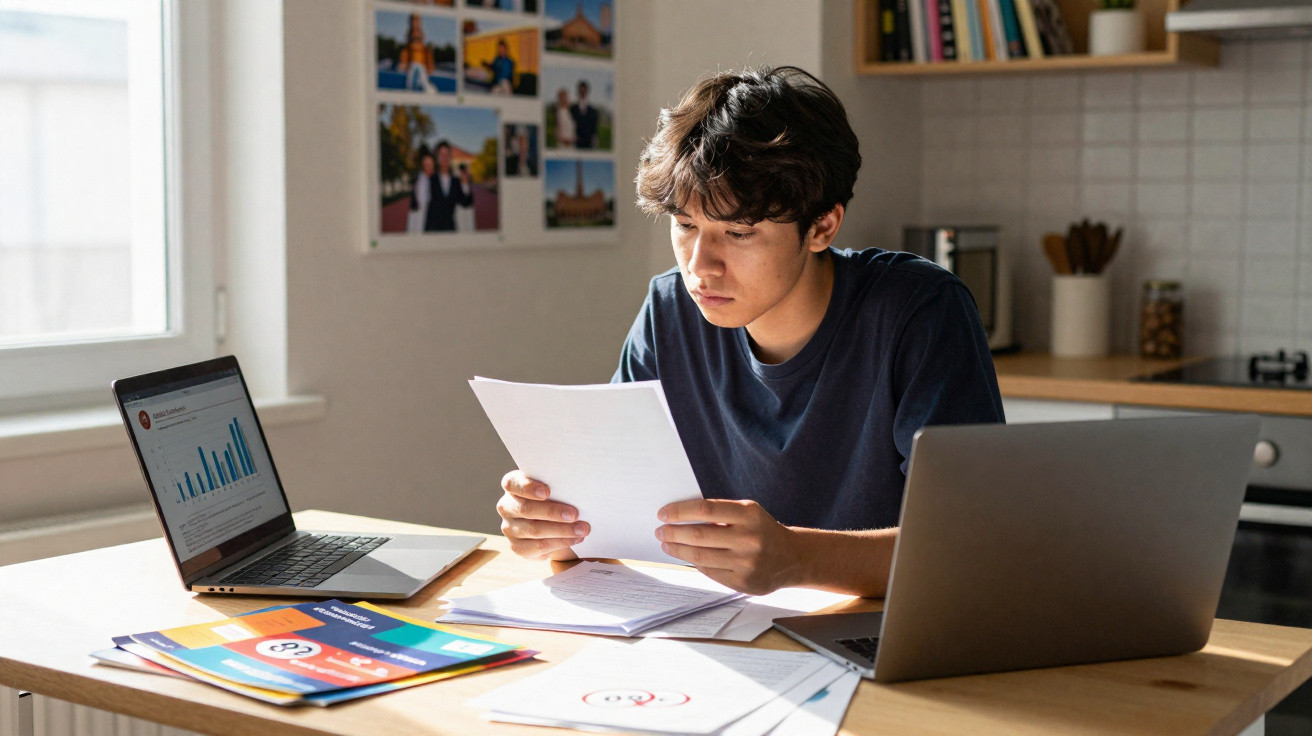 Jovem a analisar documentos numa mesa com dois portáteis, gráficos e materiais de trabalho espalhados.