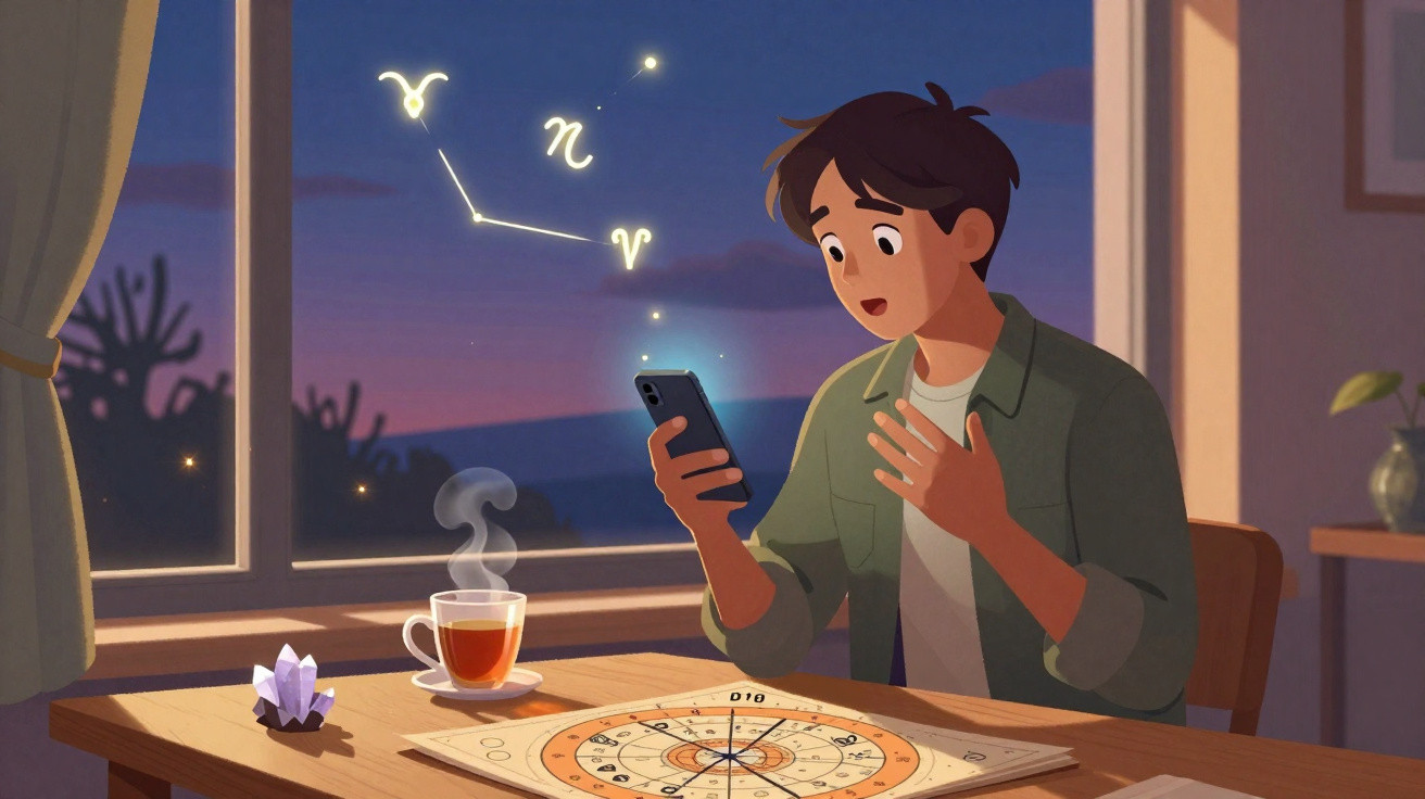 Jovem sentado à mesa com smartphone, carta astrológica, chá quente e constelação brilhante na janela à noite.