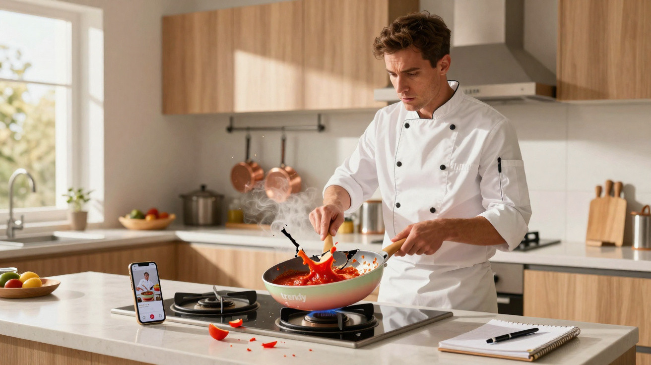 Chef jovem a cozinhar molho de tomate numa frigideira numa cozinha moderna com telemóvel e caderno na bancada.