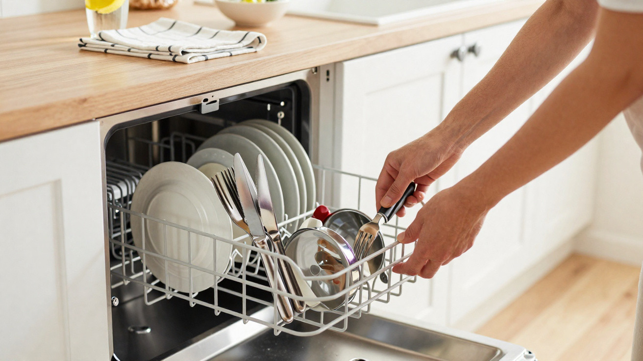 Pessoa a retirar loiça limpa de uma máquina de lavar loiça numa cozinha moderna branca com bancada de madeira.