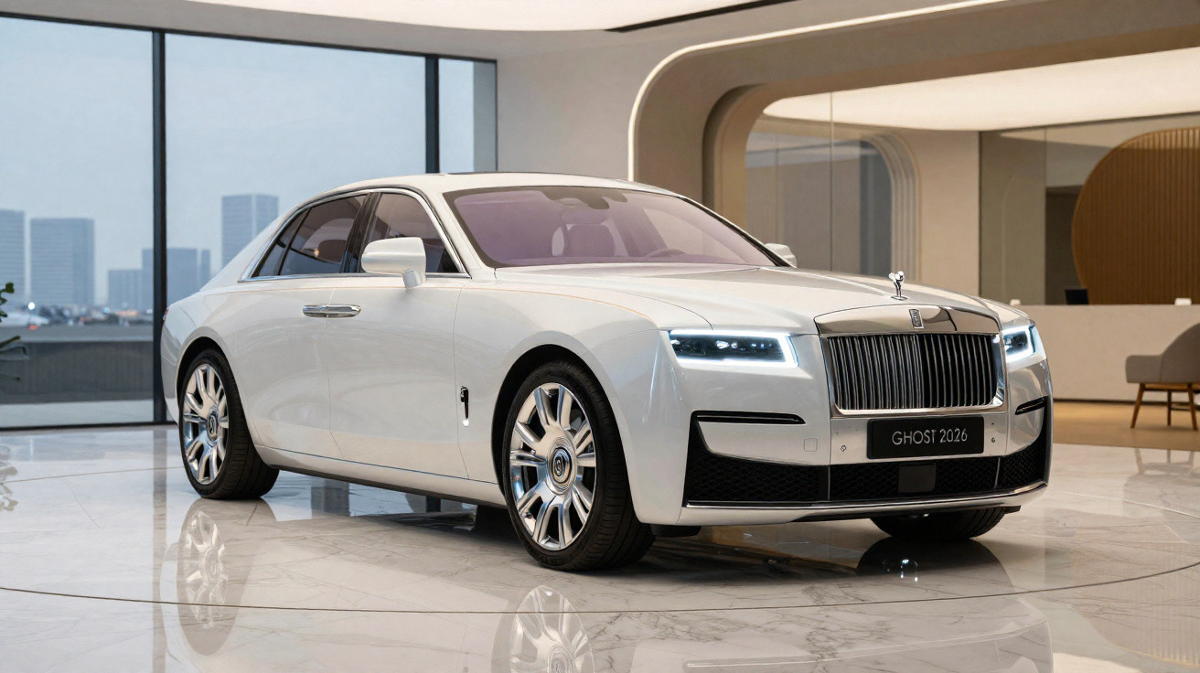 Carro de luxo Rolls-Royce Ghost 2026 branco em destaque numa sala moderna e iluminada.