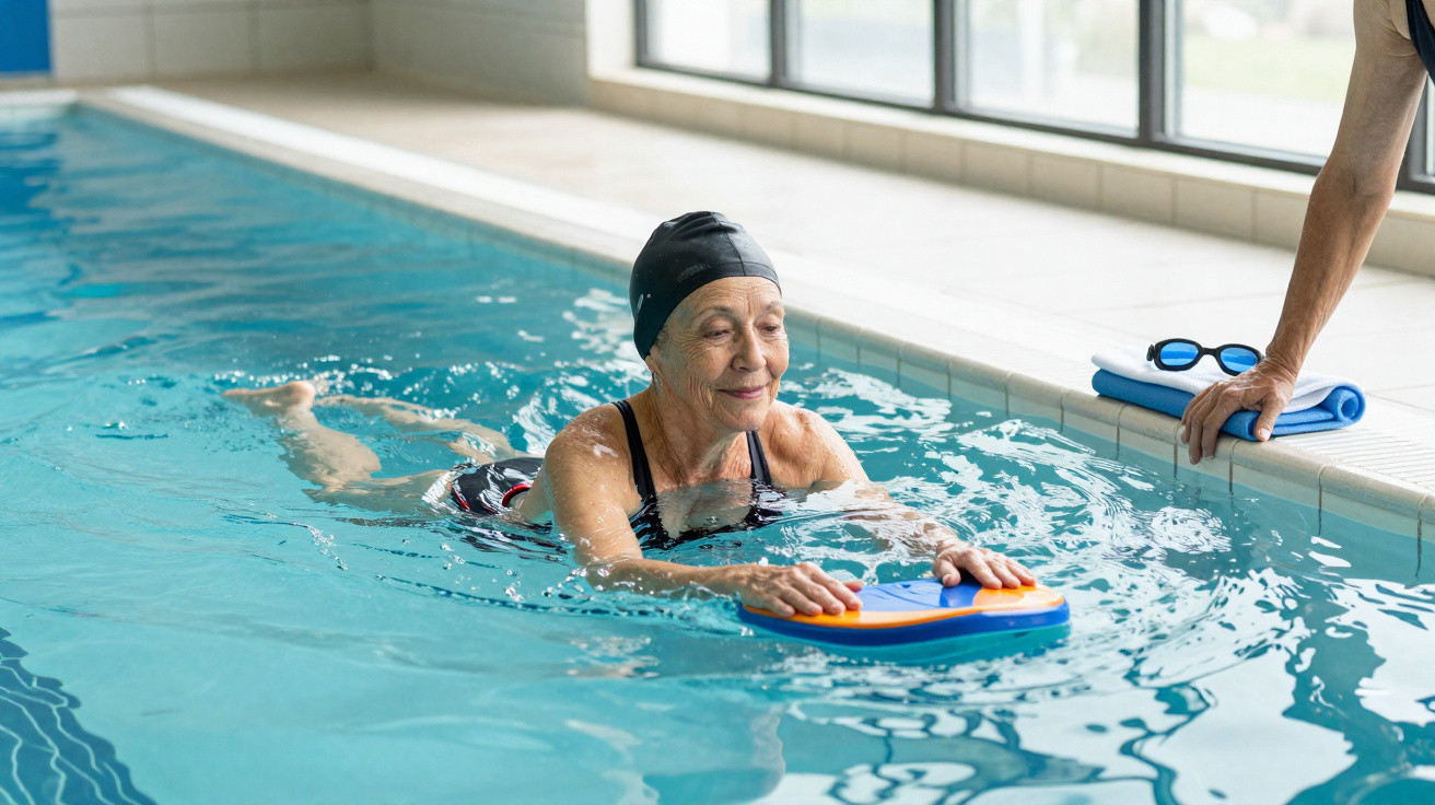 Mulher idosa a nadar com prancha de treino numa piscina interior, com outra pessoa a observar na borda.