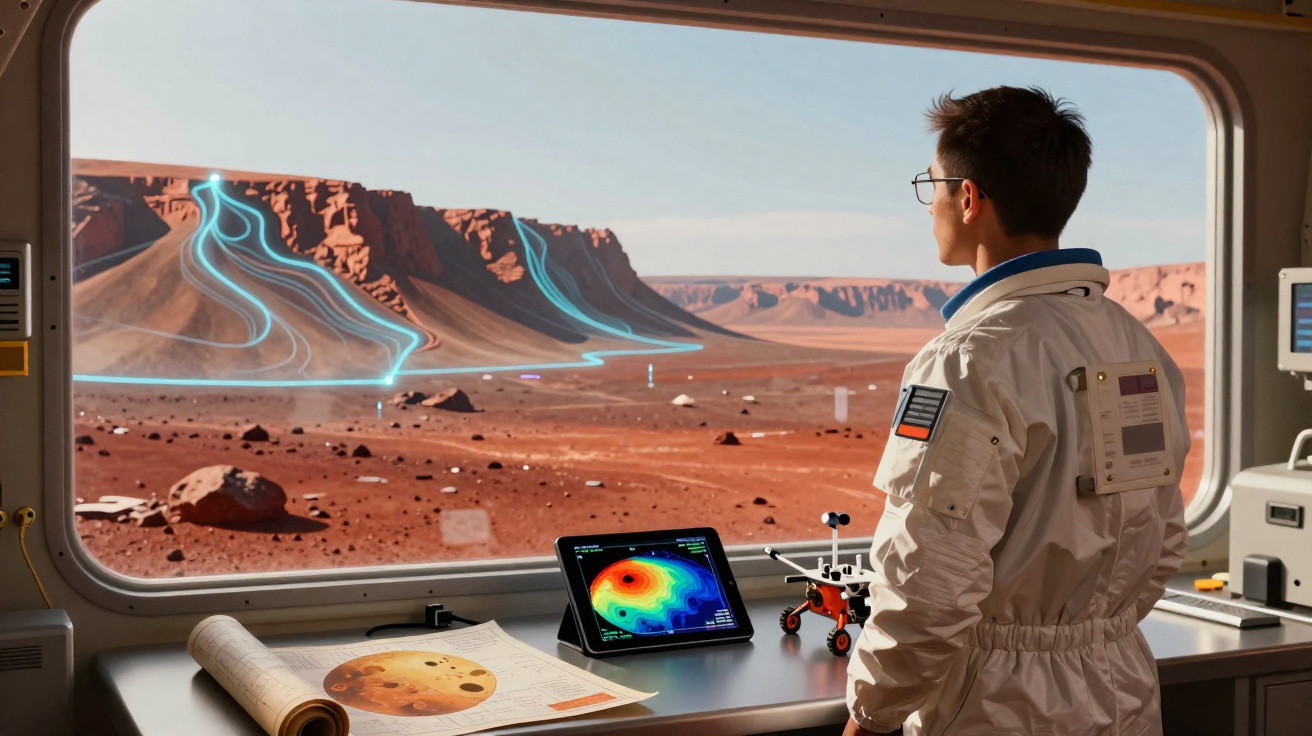 Astronauta observa terreno marciano com montanhas e linhas luminosas azuis através de janela futurista.