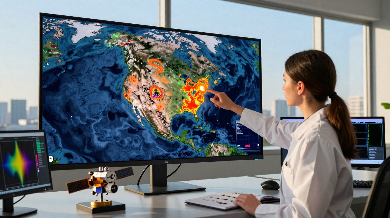 Mulher cientista analisa mapa térmico de América do Norte num grande ecrã num escritório moderno.