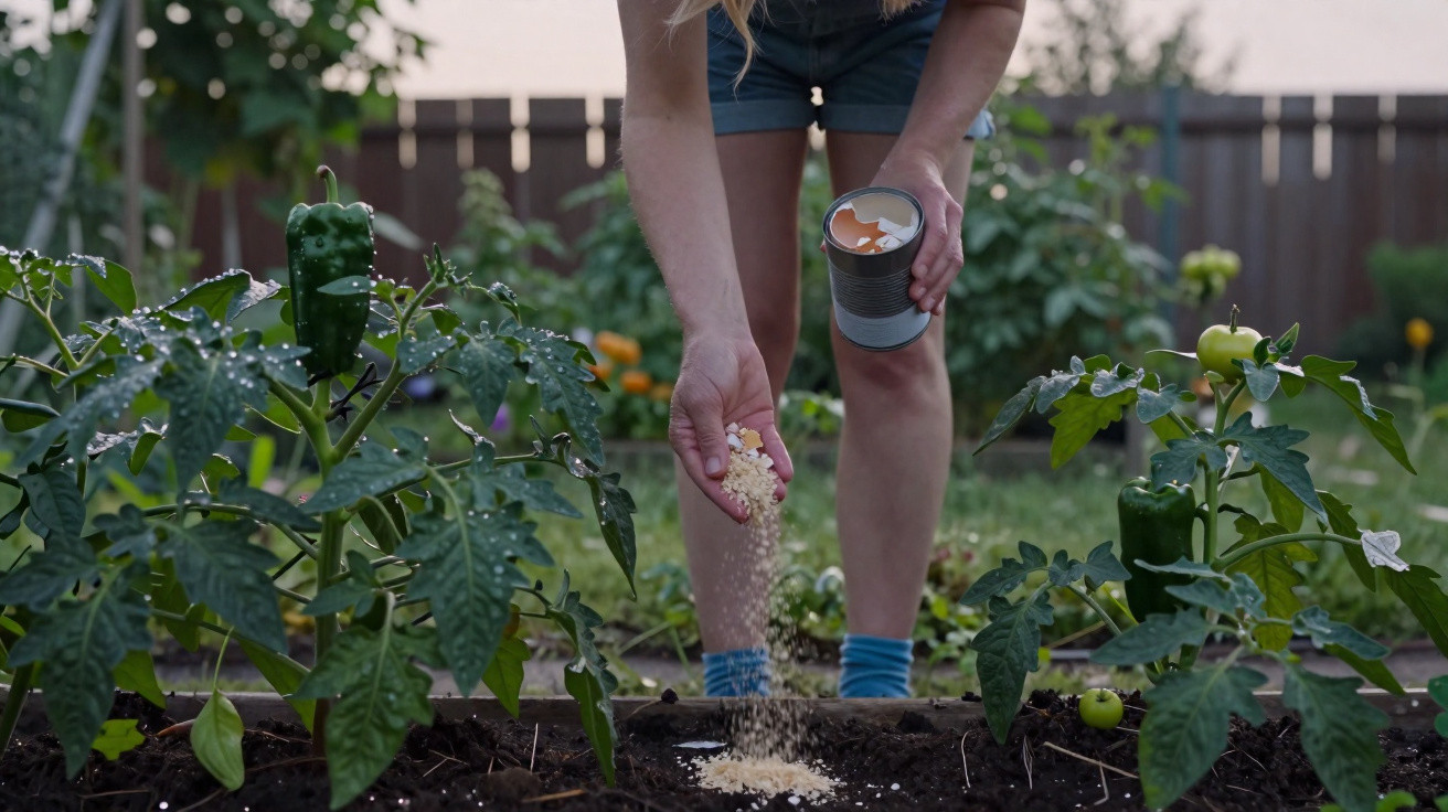 Pessoa a fertilizar plantas de tomate com cascas de ovos num jardim caseiro ao ar livre.