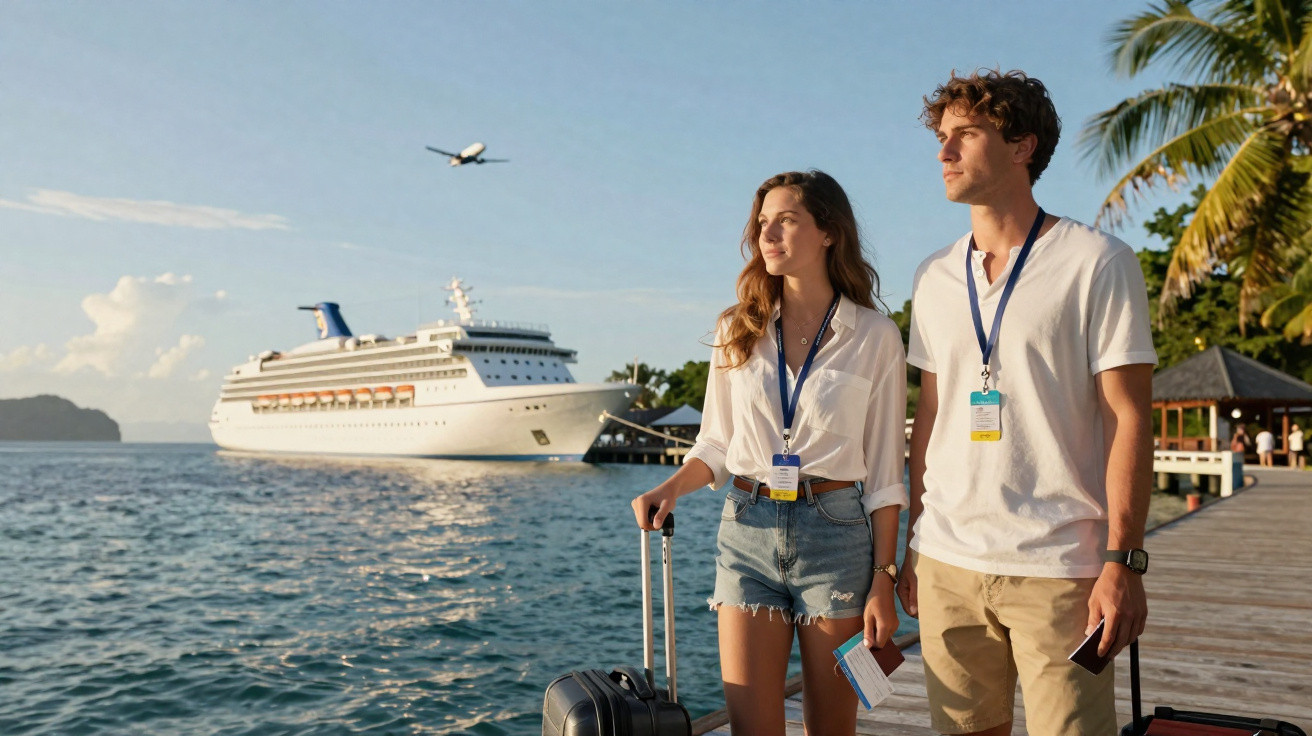 Casal jovem com malas de viagem a pé num cais, cruzeiro e avião ao fundo em dia ensolarado.