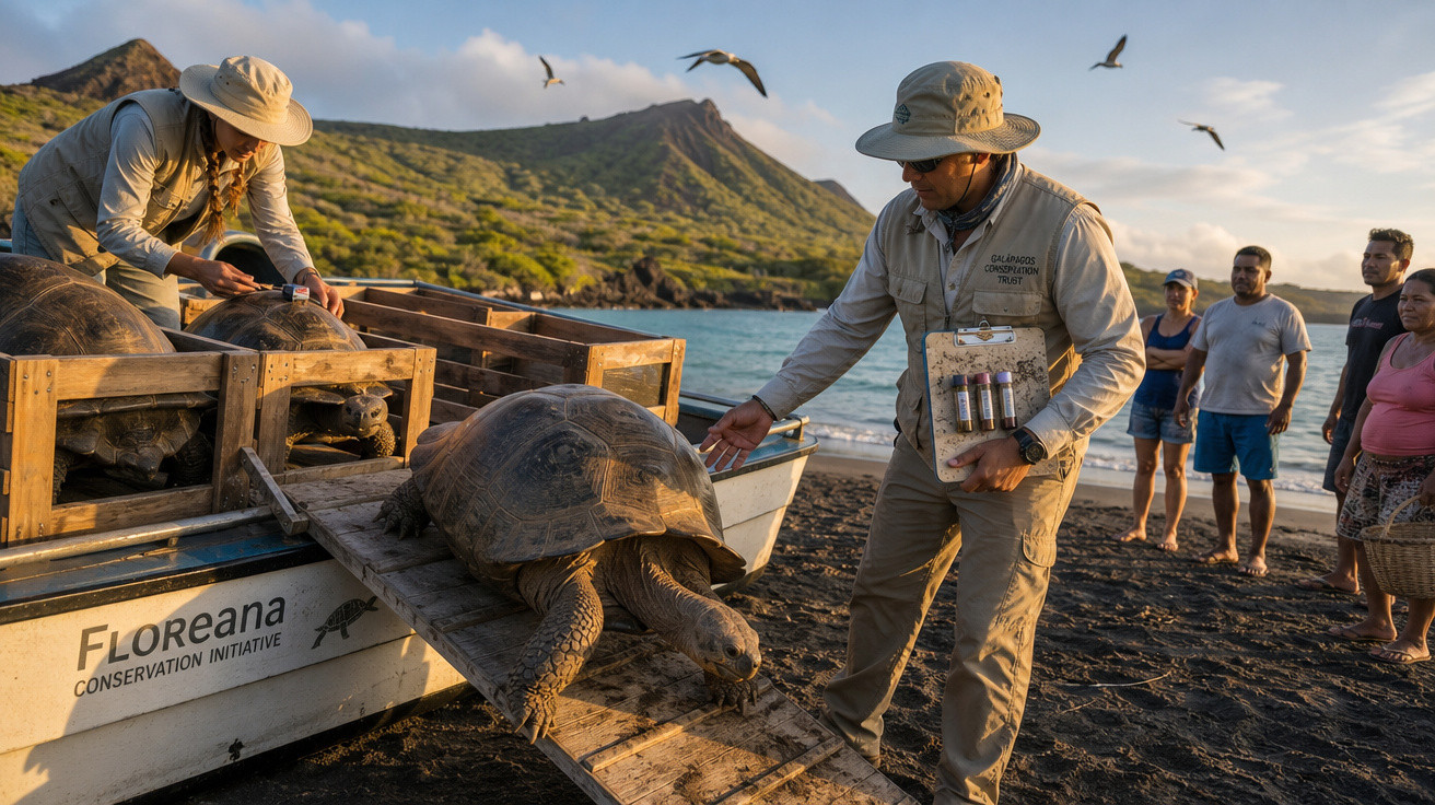 Equipas a libertar tartarugas gigantes numa praia com montanhas ao fundo, durante o pôr do sol.