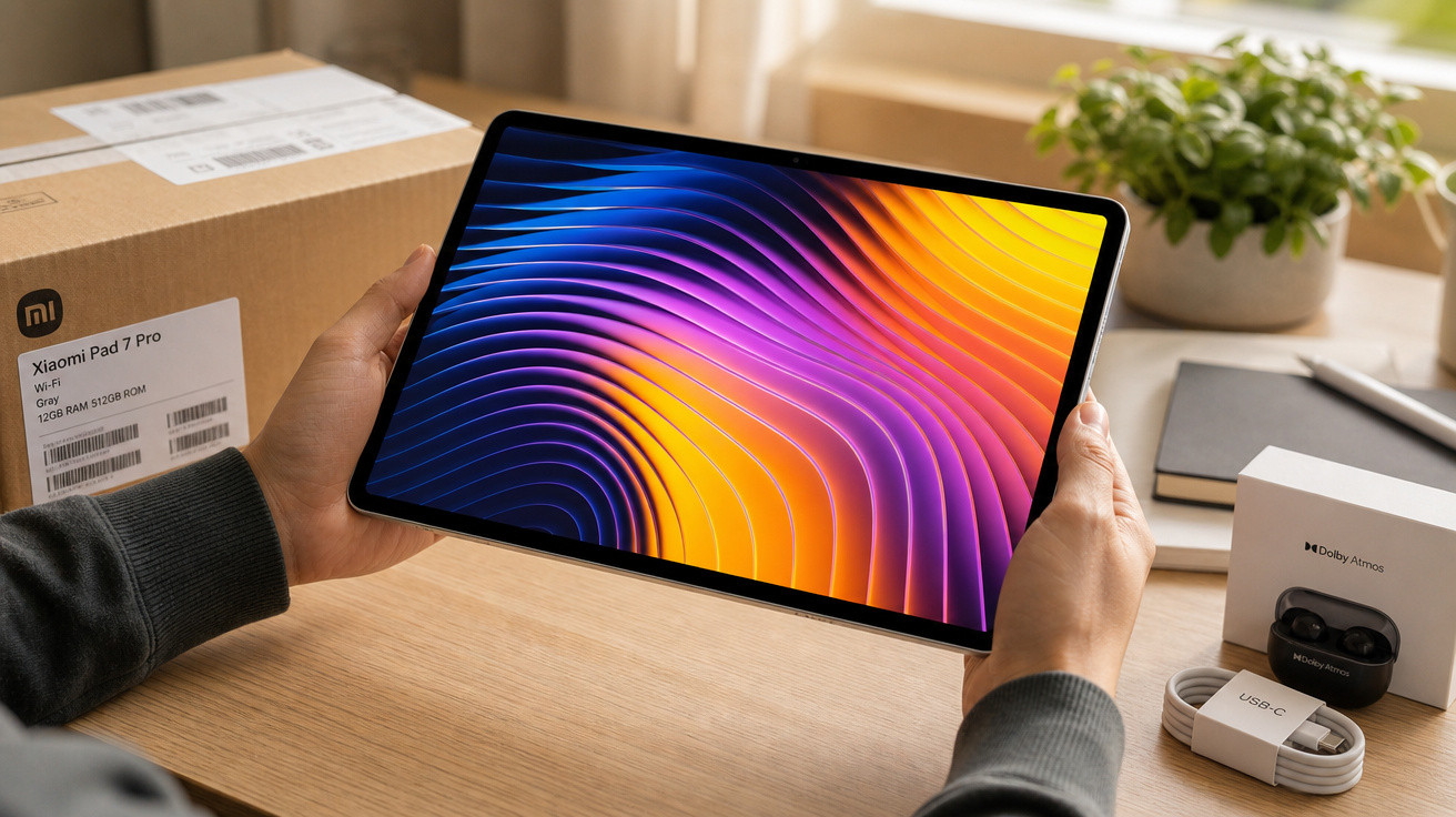 Pessoa a segurar tablet Xiaomi Pad 7 Pro com ecrã colorido, caixa e acessórios sobre mesa de madeira.
