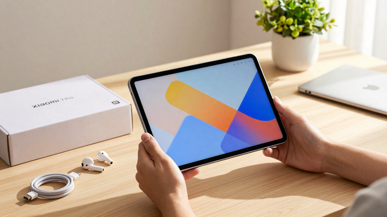 Pessoa a segurar tablet Xiaomi em sala com caixa, auriculares, cabo de carregamento, computador e planta na mesa.