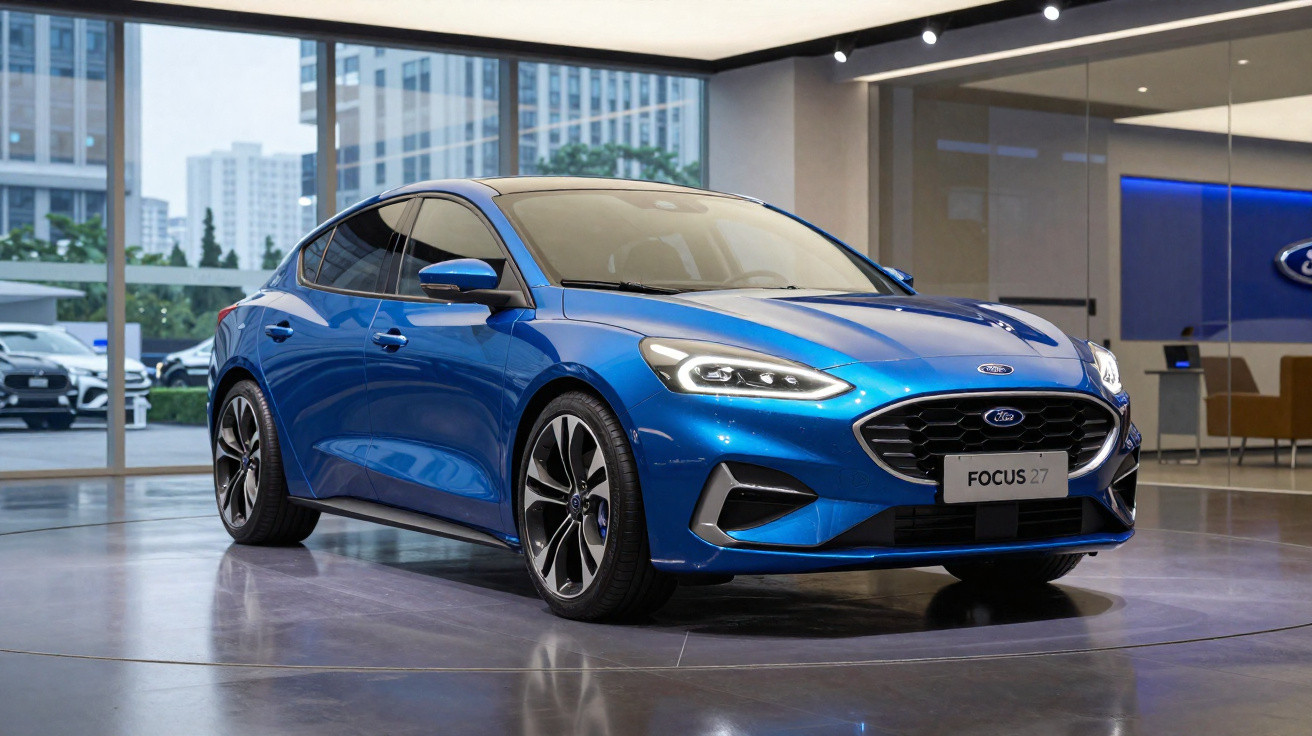 Carro azul Ford Focus 27 na exposição de automóveis com interiores modernos e janelas grandes ao fundo.