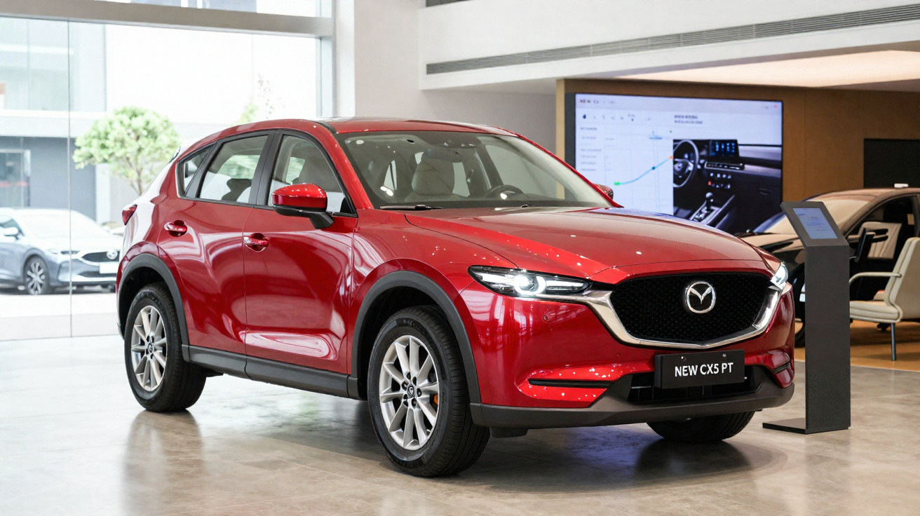 Carro Mazda CX-5 vermelho exposto em salão moderno com janelas grandes e chão polido.