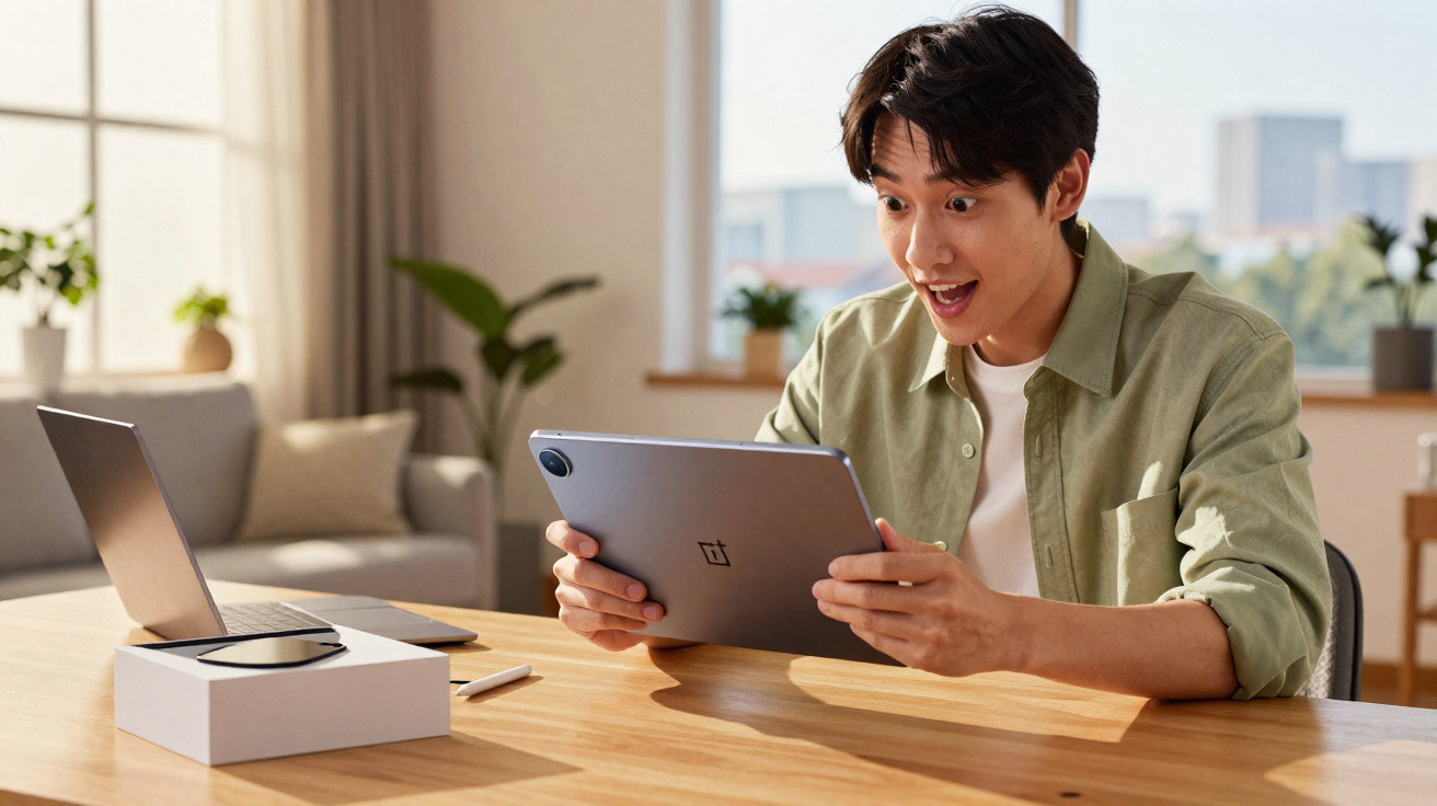 Homem sentado numa mesa a sorrir e segurando um tablet num ambiente luminoso e moderno.