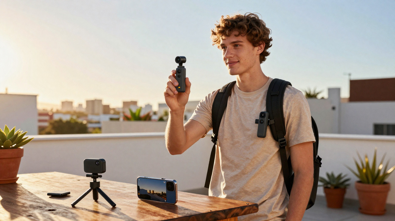 Jovem com mochila segura uma pequena câmara de vídeo num terraço com vários dispositivos tecnológicos na mesa.