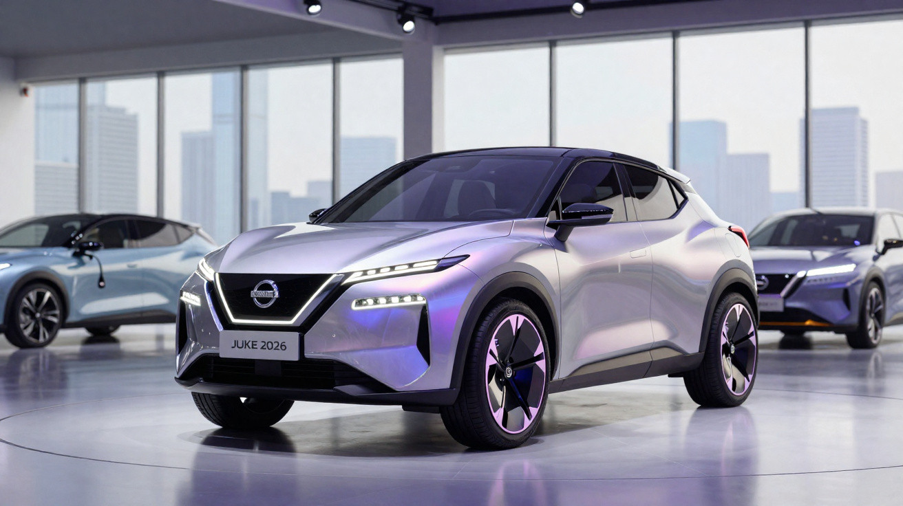 Carro elétrico compacto Nissan Juke 2026 prateado numa exposição moderna com janelas altas e carros ao fundo.