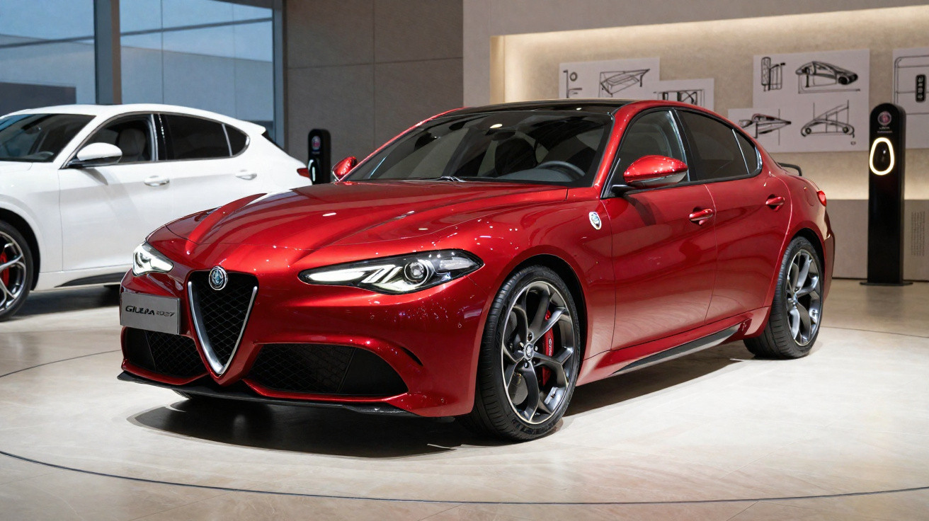 Carro desportivo Alfa Romeo Giulia vermelho exposto em showroom com design aerodinâmico e jantes escuras.