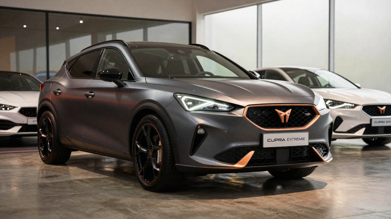 Carro Cupra Extreme cinza escuro com detalhes laranja exposto numa sala com outros carros brancos ao fundo.