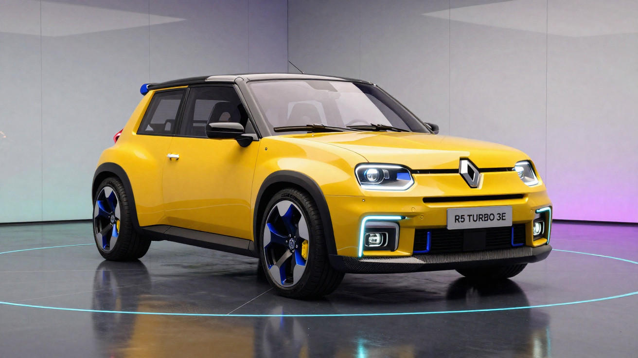 Automóvel desportivo amarelo Renault R5 Turbo 3E estacionado dentro de estúdio moderno com iluminação azul e roxa.