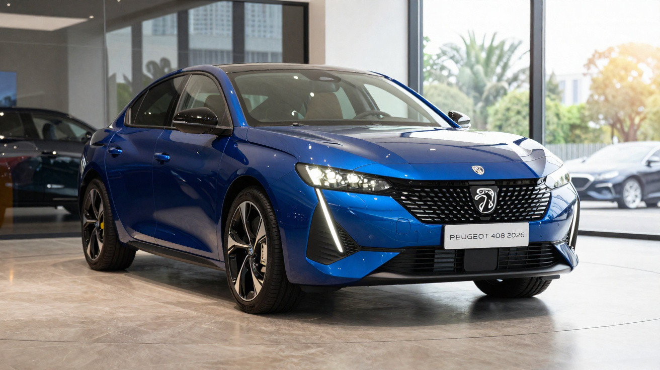 Carro desportivo azul Peugeot 408 2026 em exposição numa sala com iluminação interior.