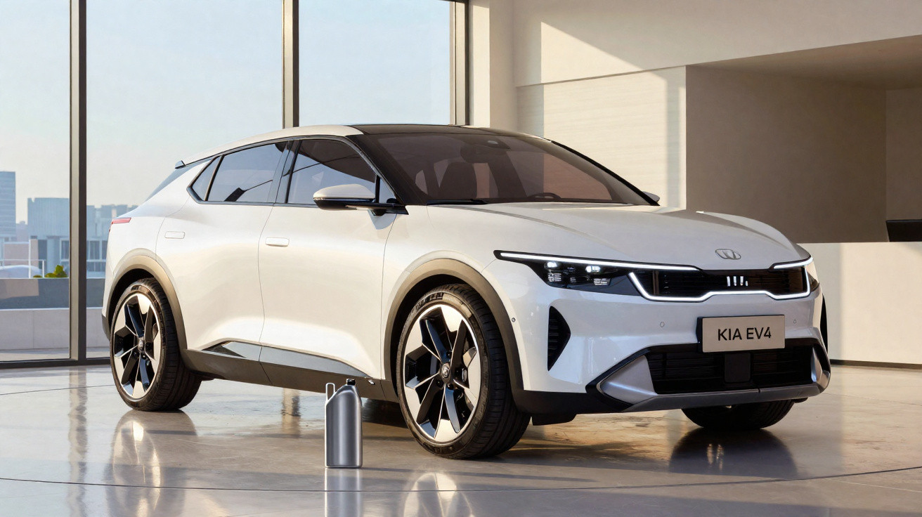 Carro elétrico Kia EV4 branco estacionado num espaço interno iluminado por grandes janelas.