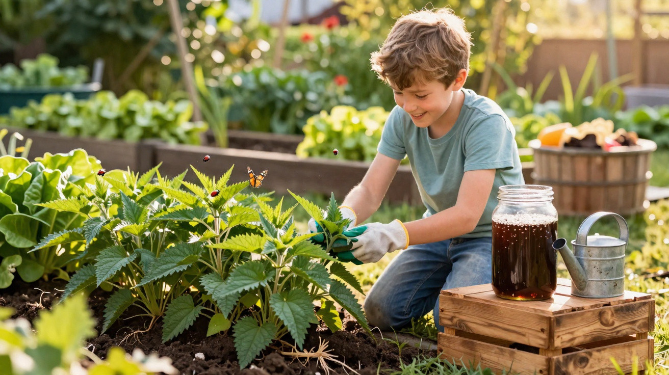 Menino sorridente a cuidar de plantas num jardim, com jarra e regador ao lado, num dia ensolarado.