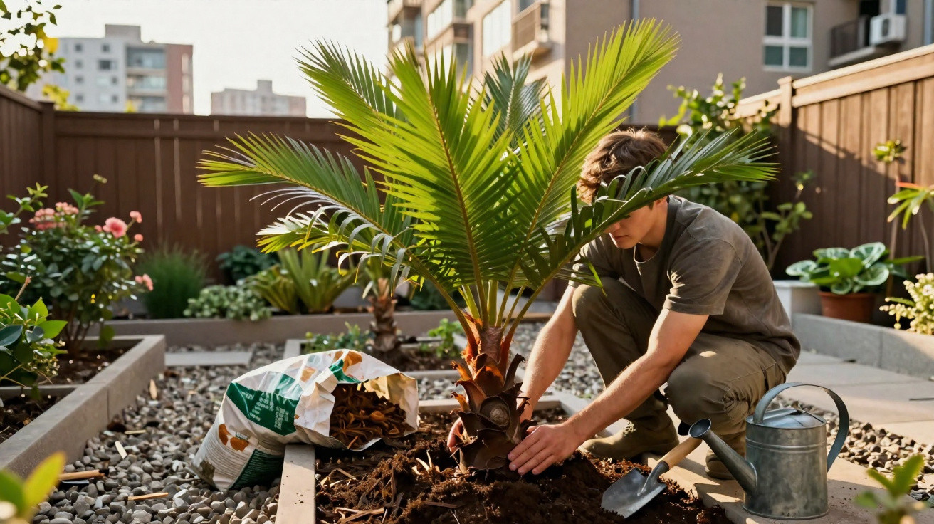 Pessoa a plantar uma palmeira num jardim urbano com materiais de jardinagem à volta.