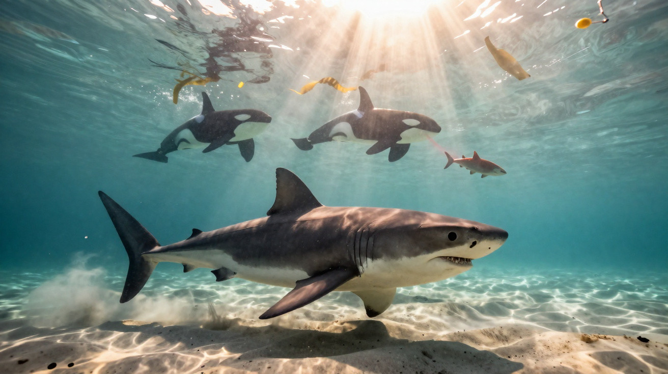 Tubarão a nadar no fundo do mar com duas orcas e vários peixes, luz do sol a penetrar na água.