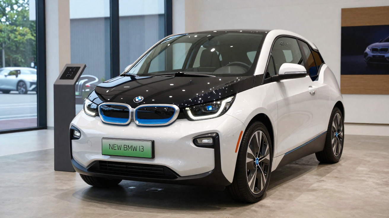 Carro elétrico BMW i3 branco com capô preto em exposição numa sala de showroom moderna.