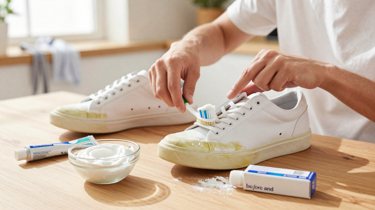 Pessoa a limpar ténis branco sujo com escova de dentes, pasta e creme num ambiente doméstico.