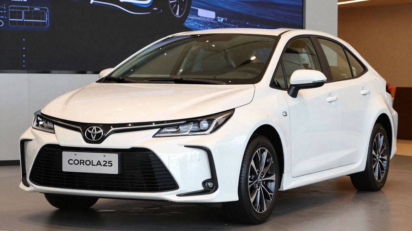 Carro Toyota Corolla 2025 branco estacionado em exposição interior, vista frontal direita.