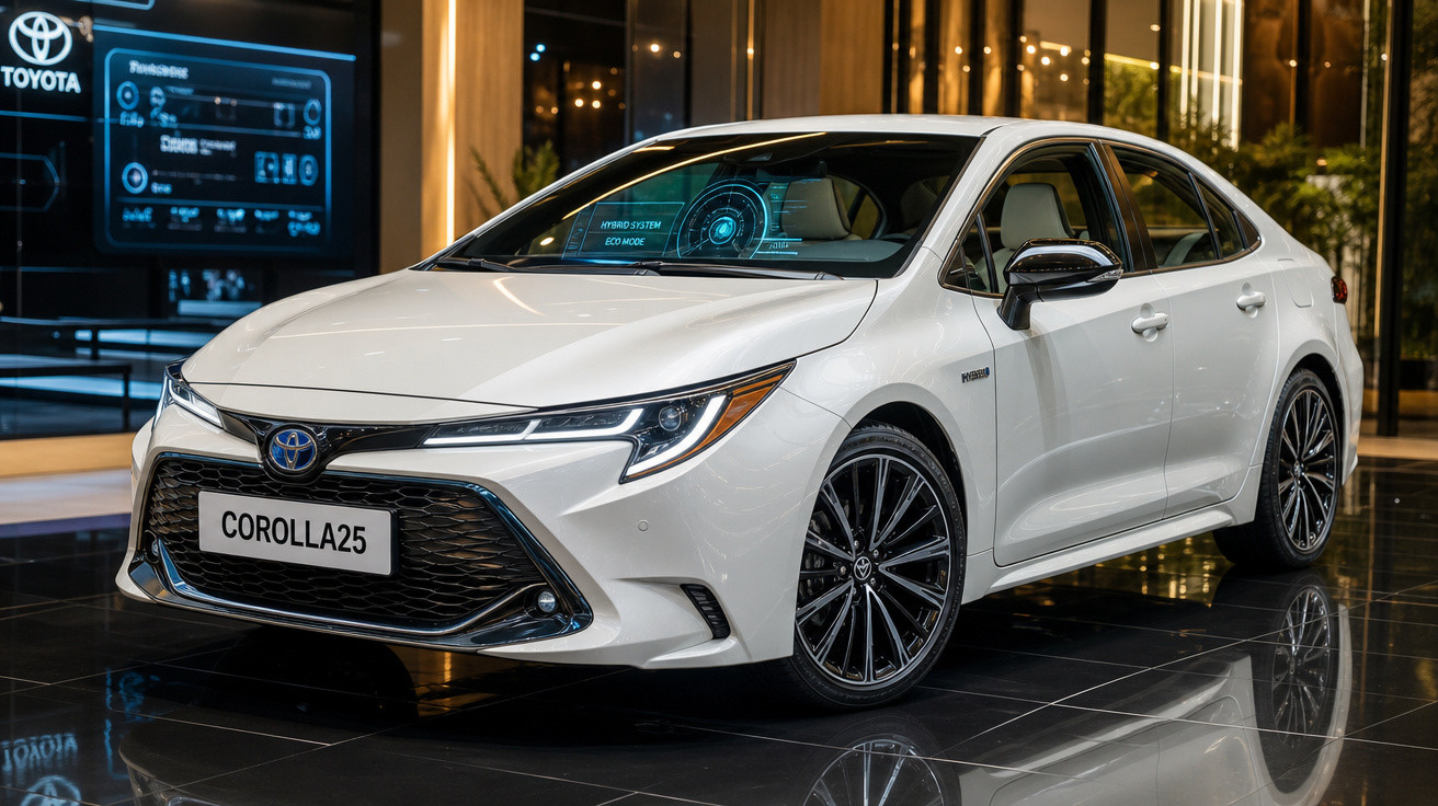 Toyota Corolla 2025 branco em exposição, com design moderno e detalhes tecnológicos no interior.