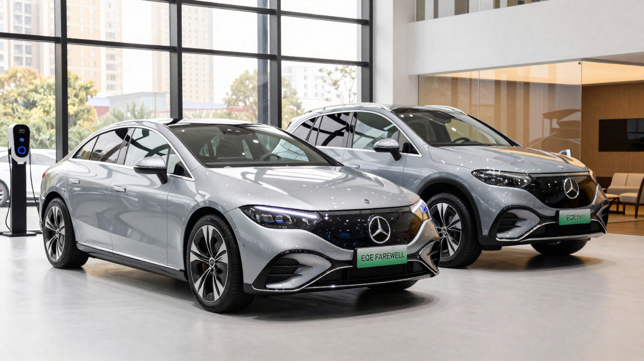 Dois carros elétricos Mercedes-Benz cinzentos num showroom moderno com grande janela.