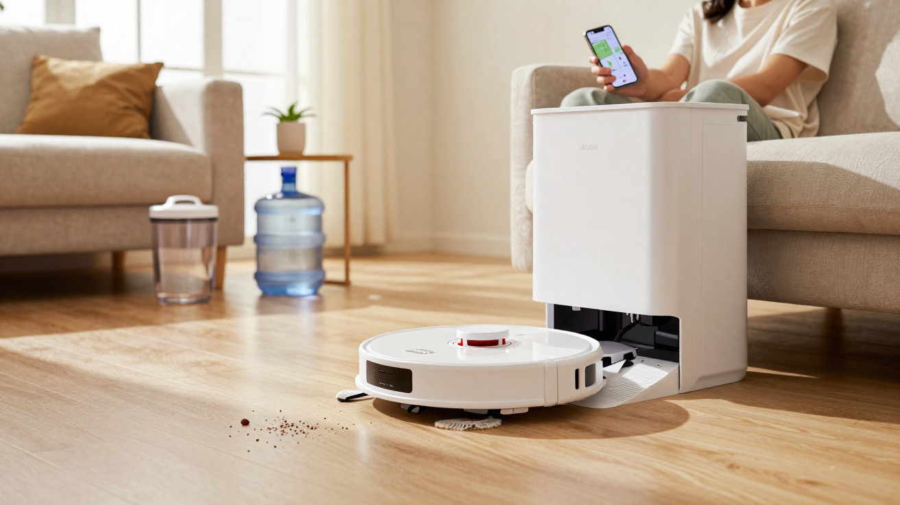 Aspirador robô branco a limpar chão de madeira em sala com sofá e pessoa a controlar por telemóvel.