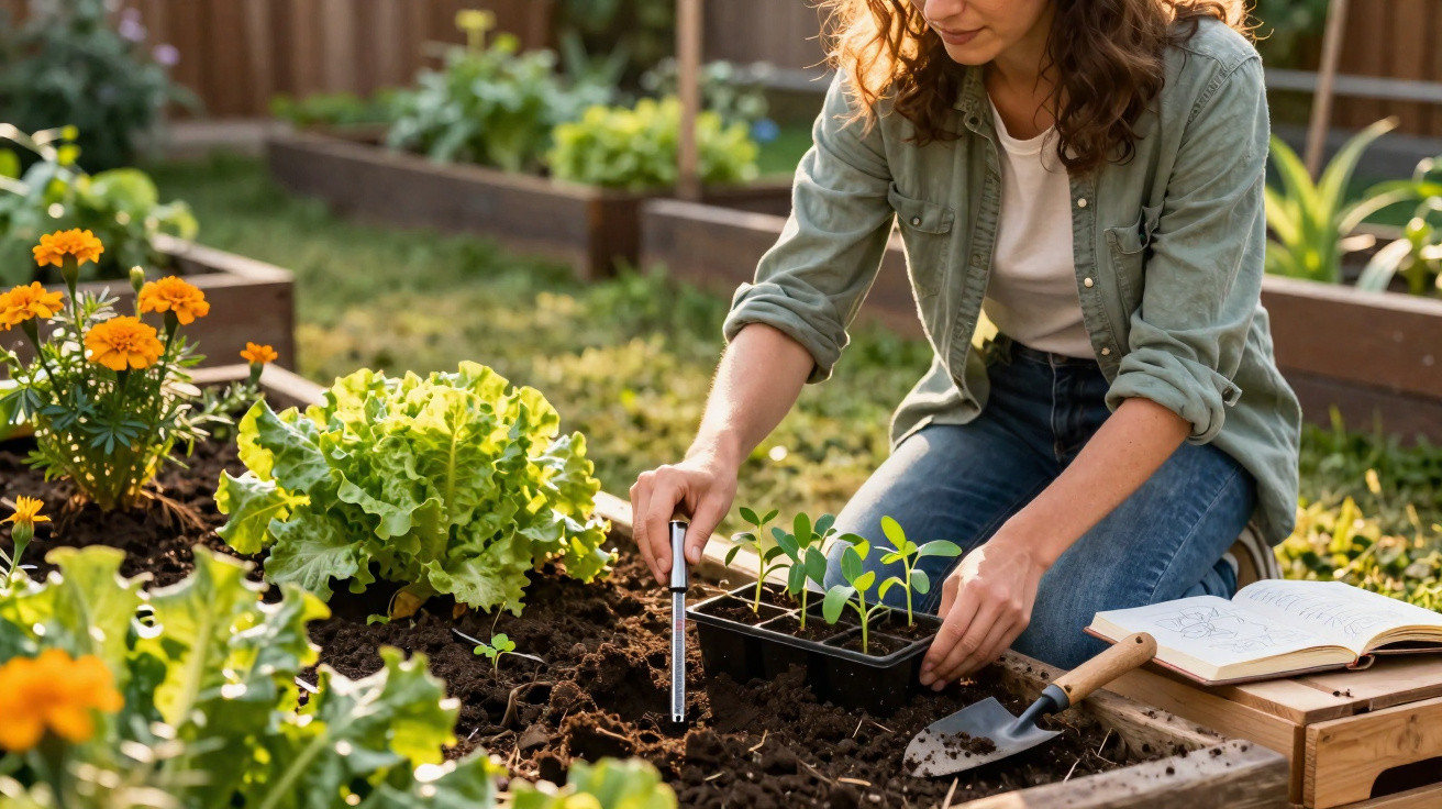 Mulher a plantar sementes num canteiro de jardim com ferramentas de jardinagem e livro aberto ao lado.