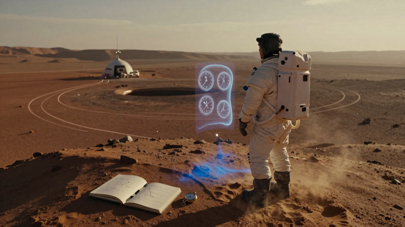 Astronauta em fato espacial observa holograma de relógios em terreno árido com caderno e bússola no chão.
