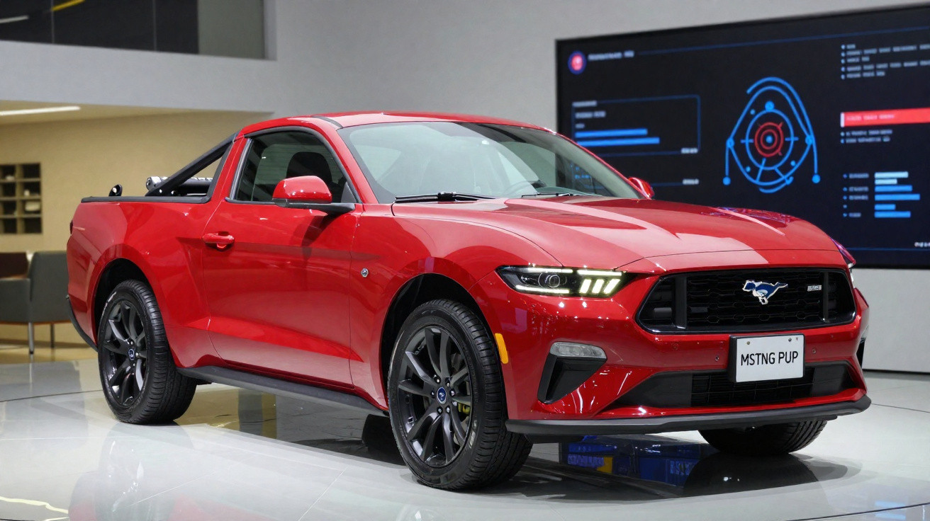 Pick-up vermelha Ford Mustang em exposição interior com luzes dianteiras ligadas.