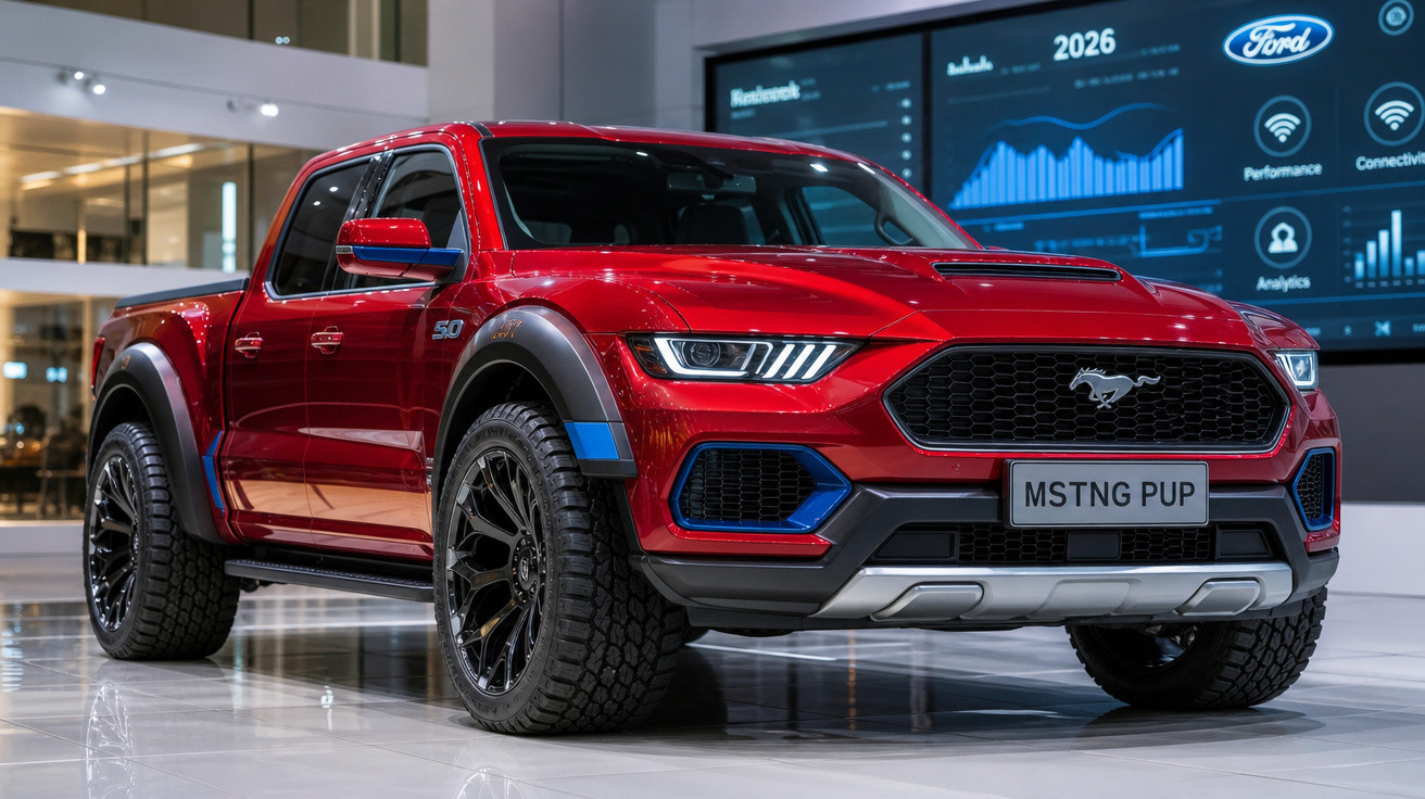 Carrinha Ford Mustang vermelha em exposição num salão automóvel moderno, com gráficos digitais ao fundo.