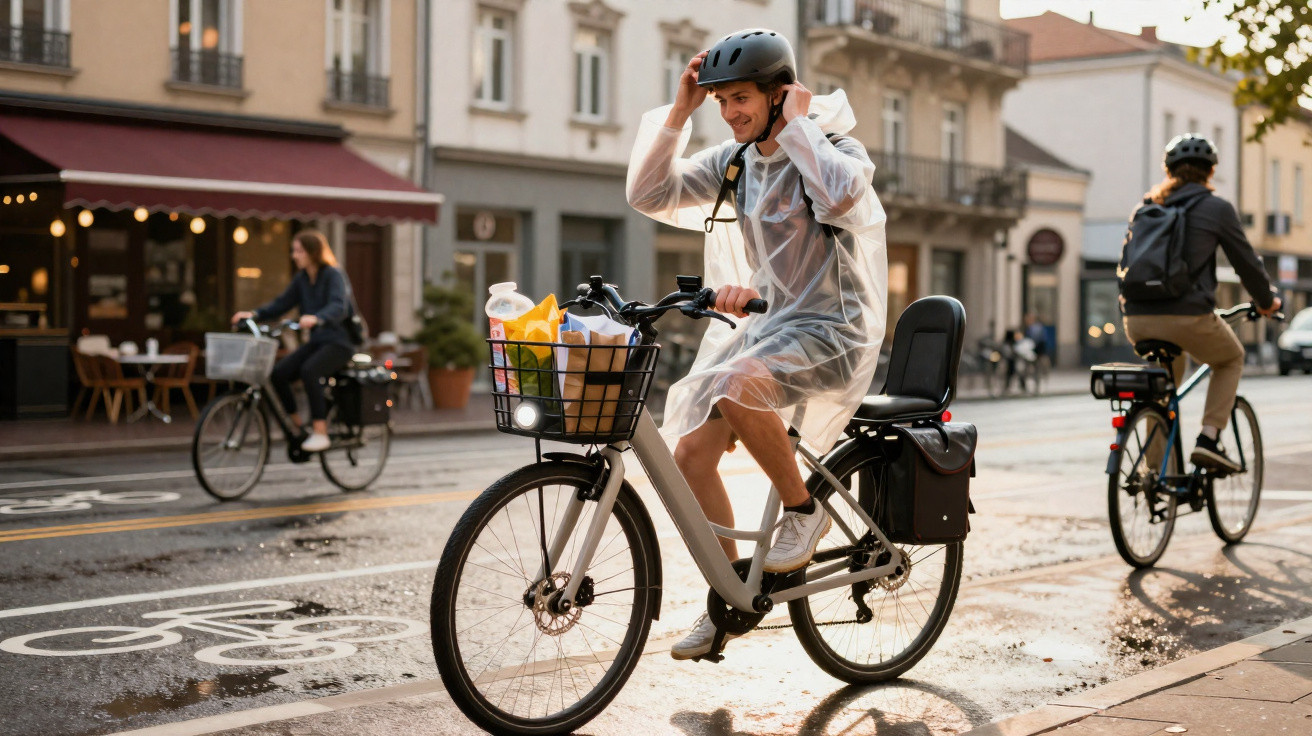Homem com impermeável a colocar capacete em bicicleta elétrica numa ciclovia urbana com sacos de compras.