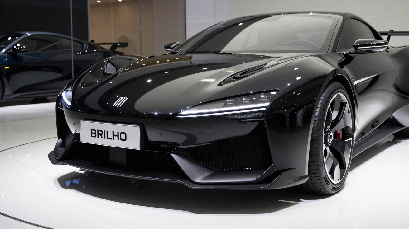 Carro desportivo preto brilhante exibido em exposição com luzes LED finas e rodas estilizadas.