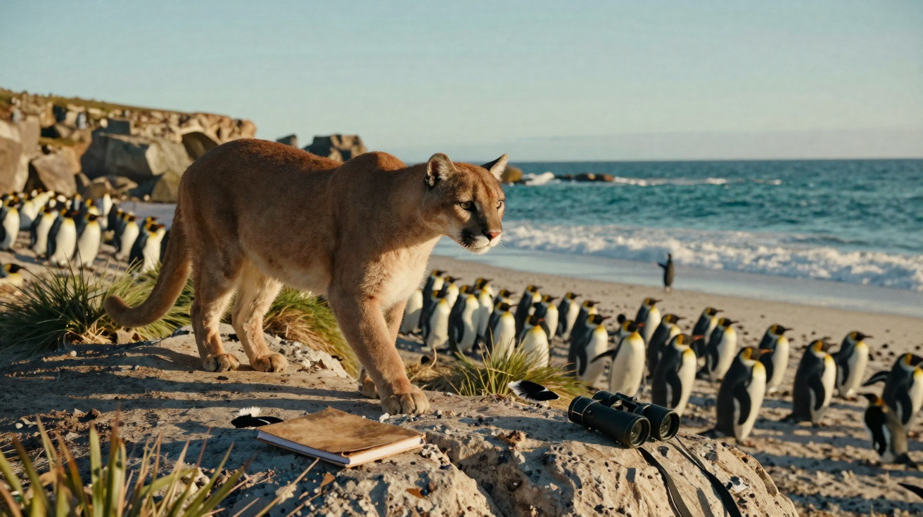 Puma a andar numa praia com grupo de pinguins, com binóculos e caderno em cima de pedra ao lado.