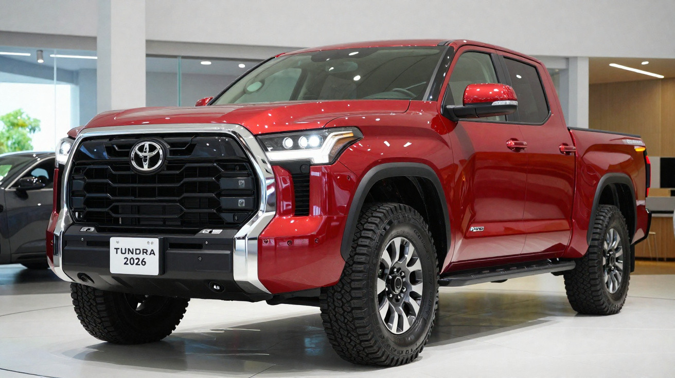 Picape Toyota Tundra 2026 vermelha exibida em showroom moderno.