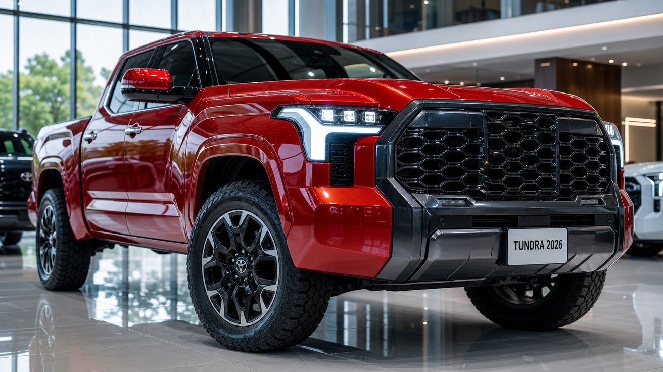 Pickup Toyota Tundra 2026 vermelha em exibição numa sala moderna de showroom automóvel.