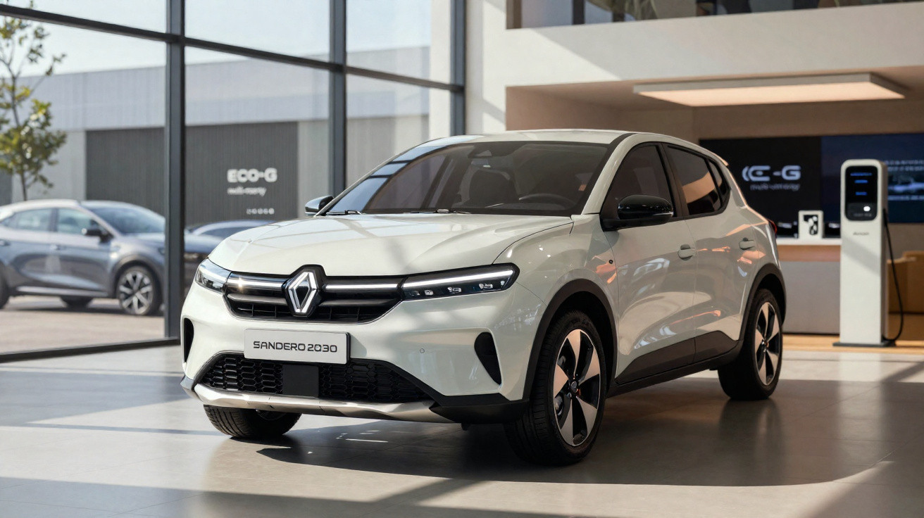 Carro eléctrico branco Renault Sandero 2030 em exposição numa sala com grandes janelas e outra viatura ao fundo.