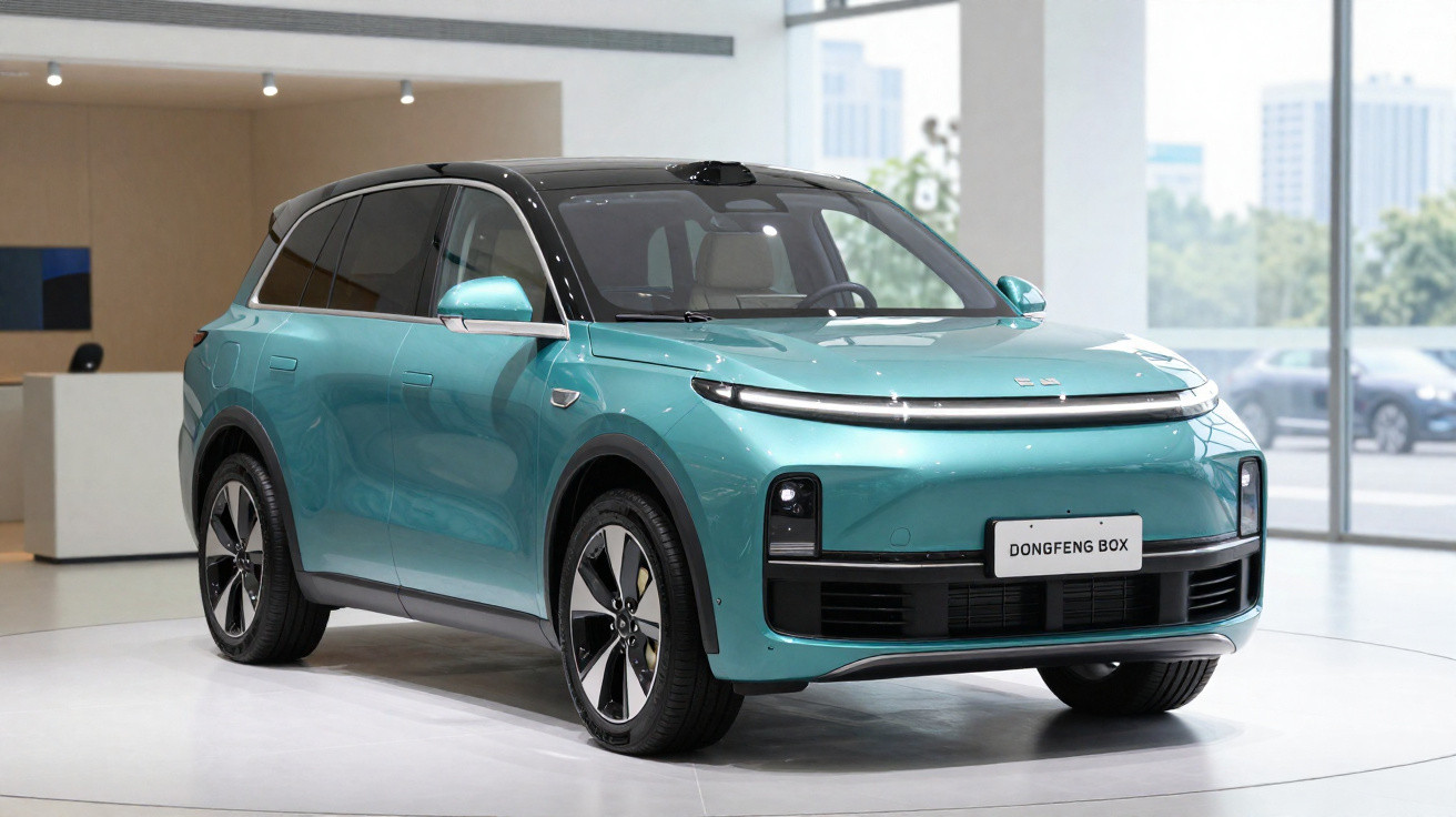 Carro elétrico SUV azul turquesa Dongfeng BOX exposto em ambiente moderno com janelas grandes.