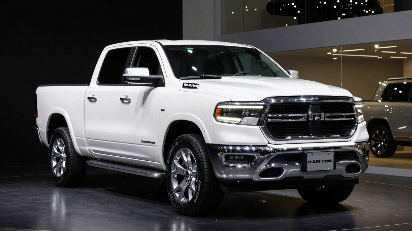 Pickup branca Dodge Ram 1500L estacionada em ambiente interior com iluminação artificial.