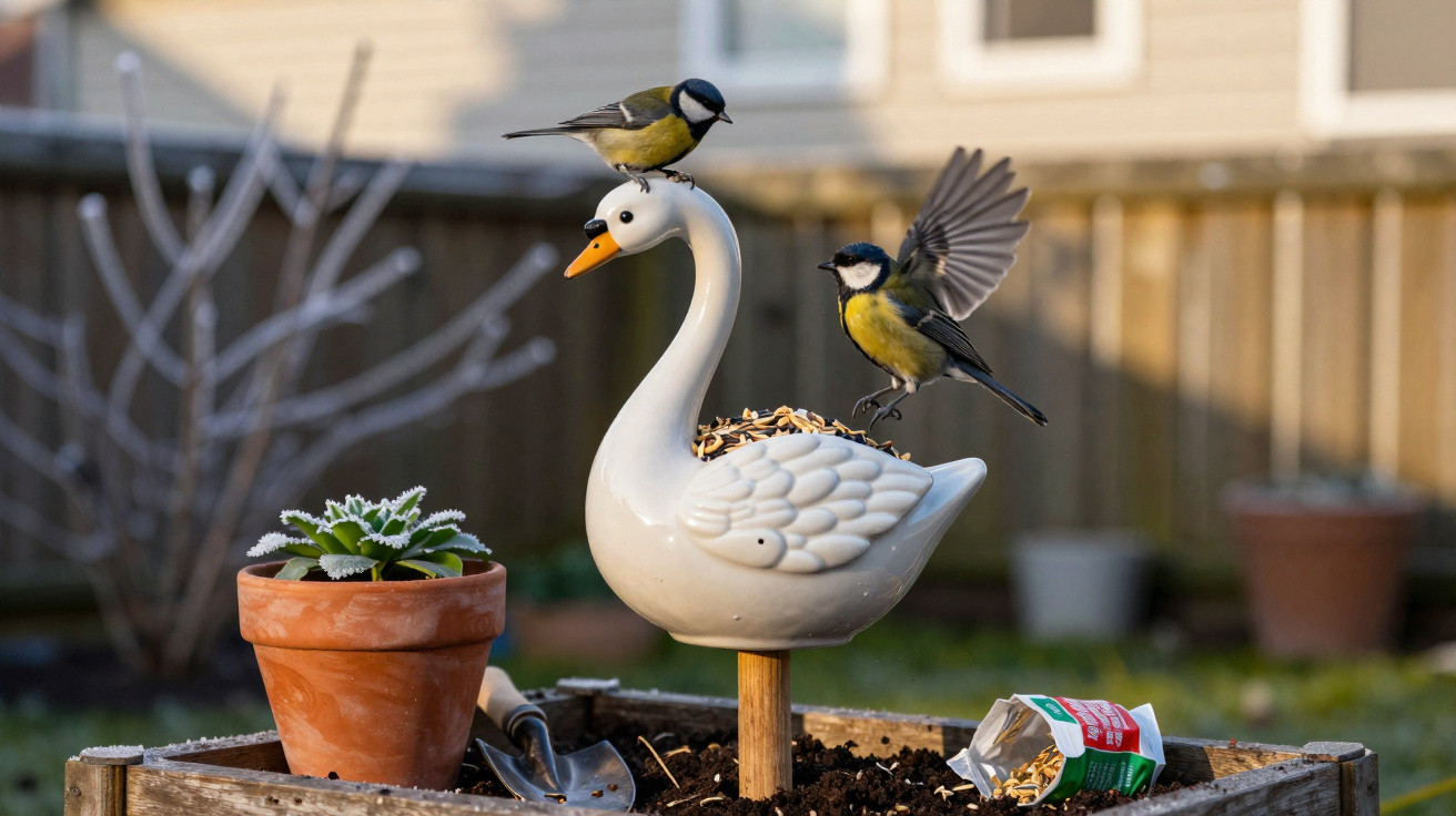Estátua de cisne com sementes na cabeça, duas aves pequenas pousadas e vaso com planta em jardim.