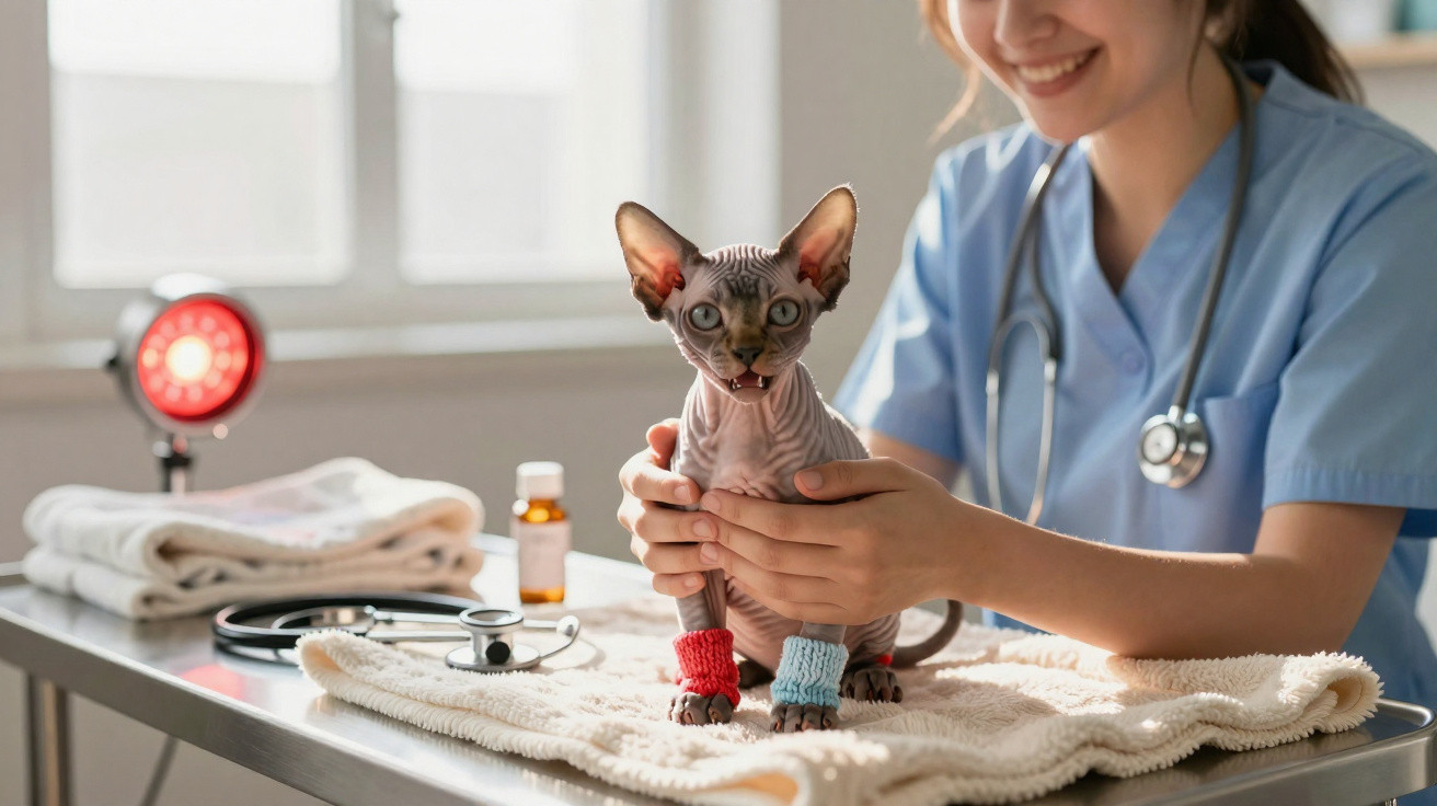 Veterinária a segurar gato Sphynx com proteções coloridas nas patas numa mesa de exame.