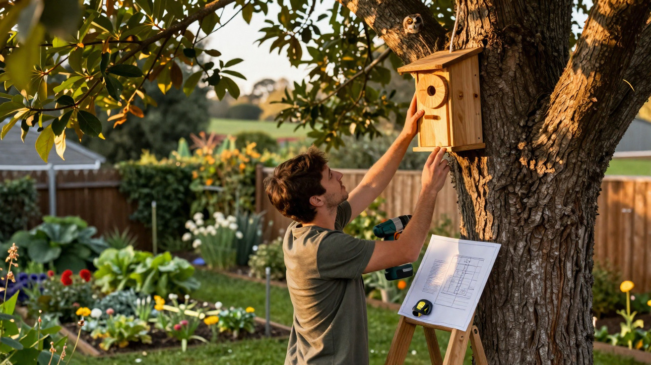 Homem instala uma casa para pássaros numa árvore num jardim com flores ao pôr do sol.