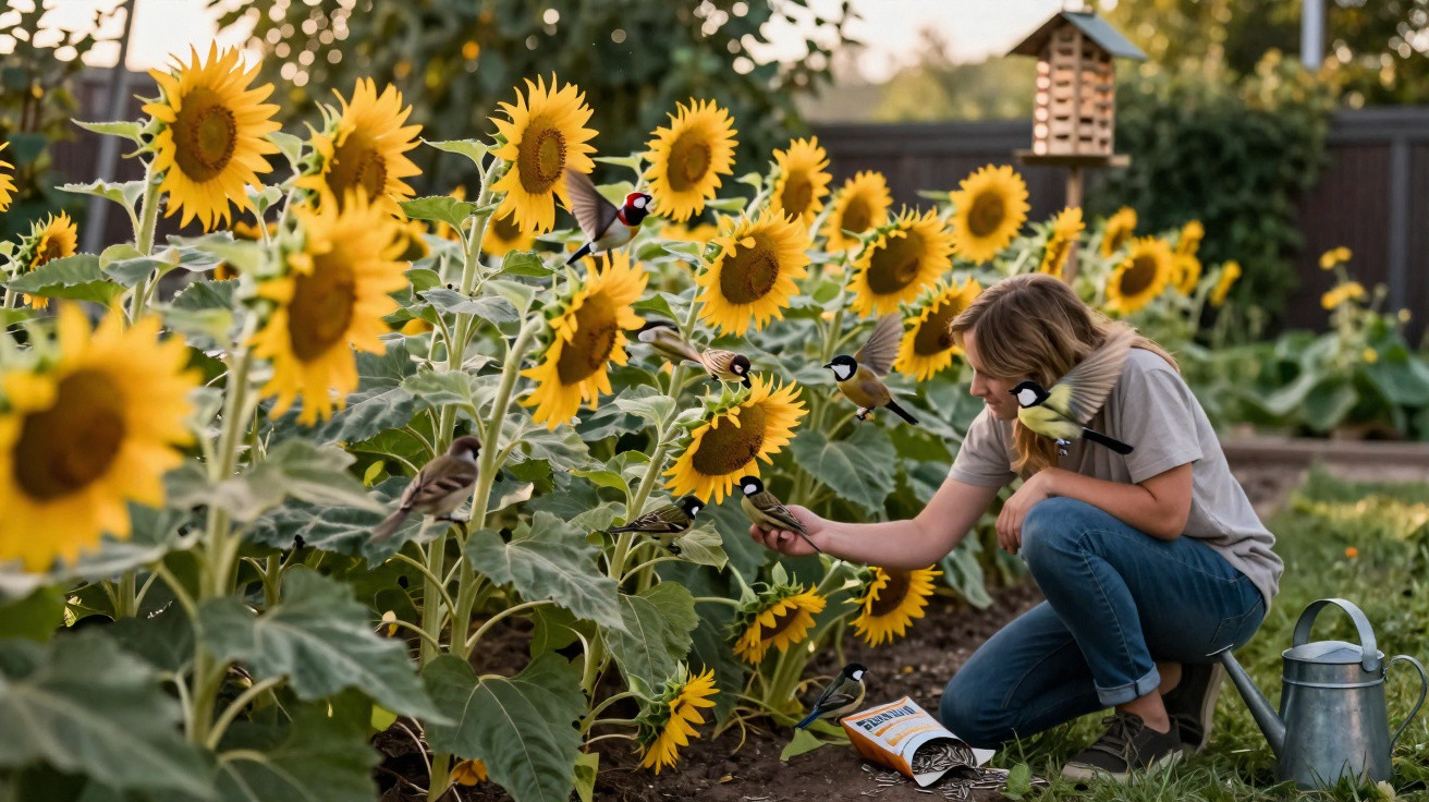 Mulher agachada num campo de girassóis a alimentar pássaros coloridos ao entardecer.
