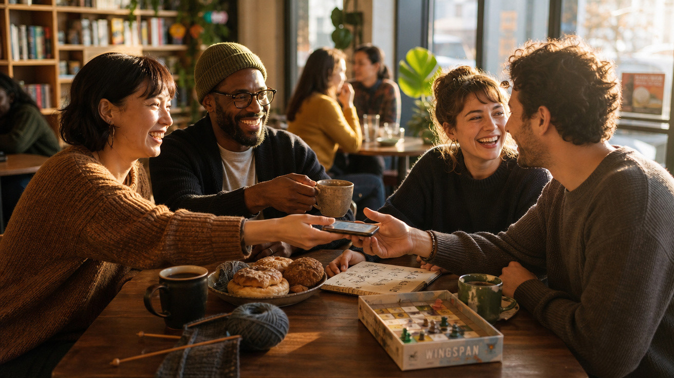 Quatro amigos felizes conversam e partilham momentos num café acolhedor, com jogos e comida na mesa.
