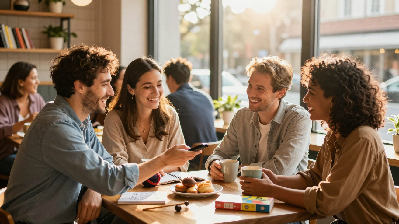 Quatro jovens felizes conversam e partilham um momento junto à janela numa cafeteria com bolos e café.